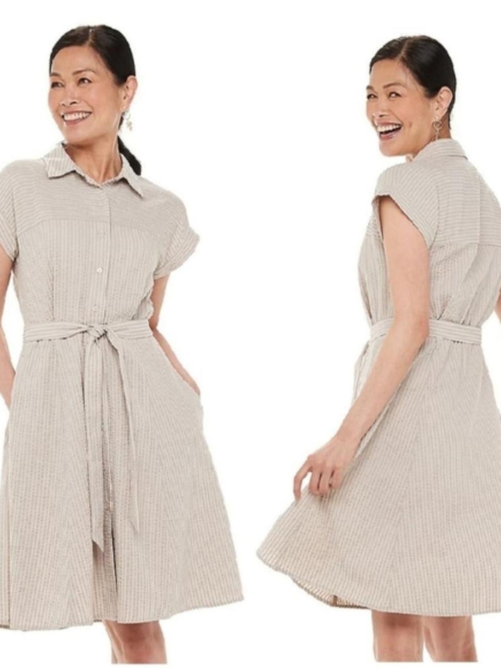 Chaps Light Beige Belted Shirt Midi Dress